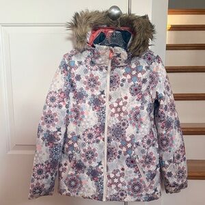 Roxy Floral Kids Puffer Jacket with Faux Fur Hood
